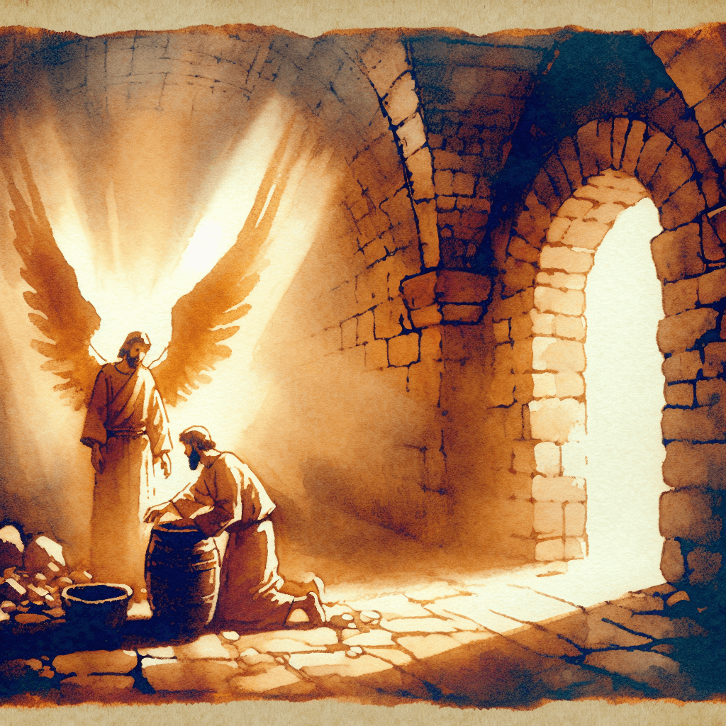 AI-generated illustration for "The Angel in the Prison: Acts 12:1-19" — created by ChurchWiseAI using DALL-E