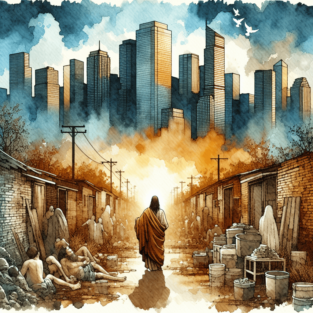 AI-generated illustration for "A Modern Story of Economic Inequality & Generosity" — created by ChurchWiseAI using DALL-E