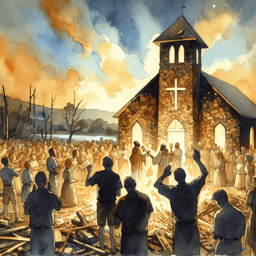 AI-generated illustration for "The Fire That Couldn't Stop Worship - Pentecostal (Romans 8:28)" — created by ChurchWiseAI using DALL-E